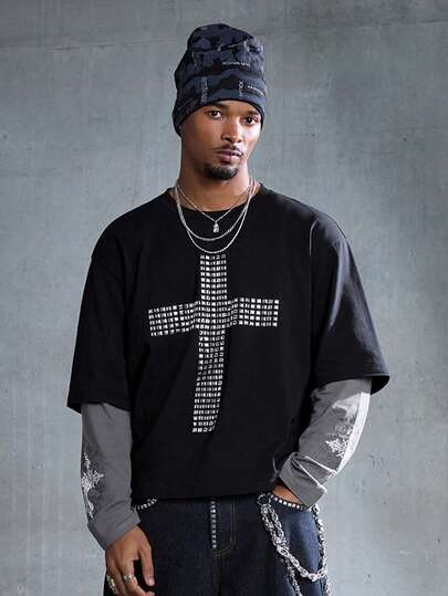 Street Life Camiseta de manga larga de 2 en 1 con contraste de color, cruz plateada y decoración de rhinestones para hombres