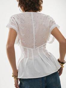 Poéselle 白色镂空披肩袖衬衫 - 荷叶边束腰泡泡袖上衣，浪漫夏日风情，纯色简约收腰上衣，日常穿着，节日庆典，波西米亚风，法式风格衬衫 - 白色 - 查看 3