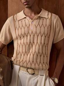 AKNOTIC品牌 - 男士几何图案短袖针织衫 男士针织Polo衫 男士图案针织衫 男士纽扣针织Polo衫 男士短袖针织Polo衫 男士纹理针织Polo衫 男士纽扣针织Polo衫 男士网眼衬衫 男士开襟针织衫 男士钩针衬衫 - 卡其色 - 查看 4