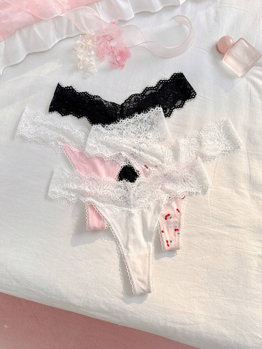PetitDoll 4件套可爱甜美纯色及樱桃印花蕾丝边女士丁字裤 - 彩色 - 查看 1