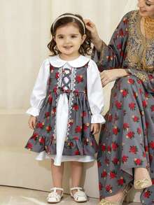 SHEIN Rochie arabă gri cu mânecă lungă pentru fetițe, cu imprimeu floral cu trandafiri și garnitură albă, elegantă, vintage, brodată cu motive florale, rochie arabă tradițională minimalistă, casual, cu mânecă lungă, pentru fetițe, potrivită pentru primăvară/vară, rochie elegantă și modestă cu mânecă lungă, Abaya de rugăciune, confort ușor, ținută casual, vibrații de vacanță, kaftan modest, Jalabiya pentru fetițe, Abaya Jalabiya pentru fetițe, Jalabiya pentru fetițe - Gri - Vizualizare 5