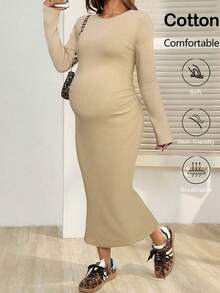 SHEIN Maternity Solid Color Round Neck Long Sleeve Ruched Fitted Casual Dress - Khaki - View 1