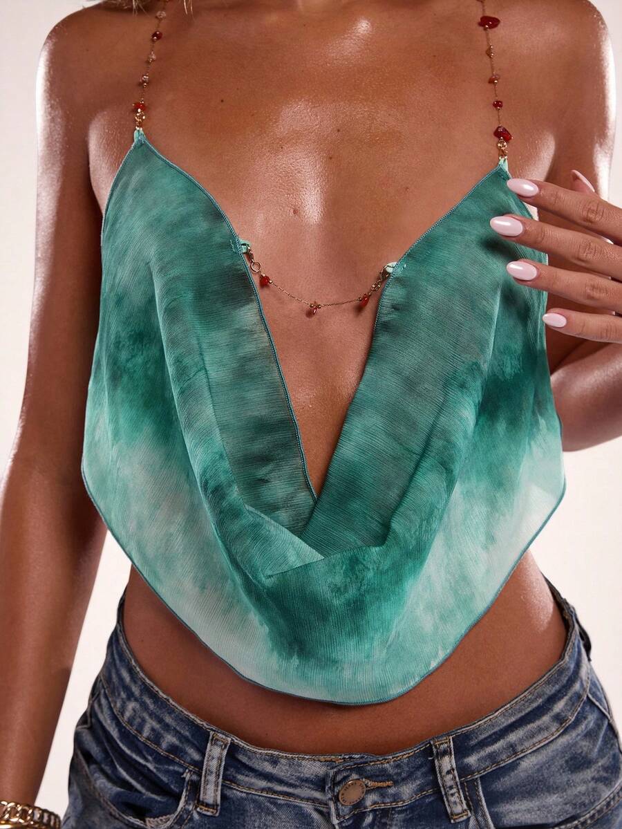 SHEIN BAE 女士夏季性感露背交叉扎染吊带背心/女士夏季服装/女士度假服装/露脐上衣/吊带背心/沙滩装 - 綠色 - 查看 1