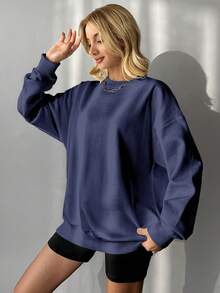 EURMUSE 100%Cotton Slogan Graphic Drop Shoulder Sweatshirt - Navy Blue - View 5