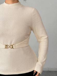 Elenzga 大码女式优雅时尚百搭休闲罗纹纹理设计金属扣腰带长袖T恤 - 杏色 - 查看 6