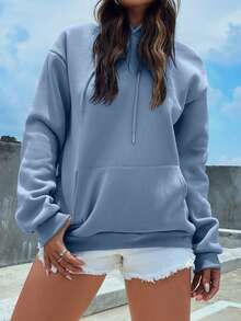 EURMUSE Cotton Solid Drawstring Pocket Detail Thermal Lined Hoodie - Blue - View 4