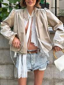 Siren Gaze Women's Pleated Shoulder Padded Button Jacket, Lantern Sleeve Short 2025 Fashion Versatile Windbreaker, Casual Retro Chic Street Style Outerwear Puff Sleeve Blouse Cream Blouse Long Sleeve Blouses Modest Blouse Lantern Sleeve Blouse - Khaki - View 7