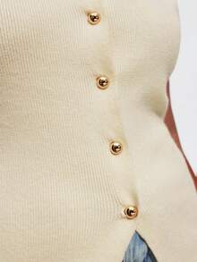 Maija 大码女装夏秋季休闲纯色前开襟无袖针织上衣，商务休闲都市通勤办公服，教师毛衣背心开衫 - 米色 - 查看 7