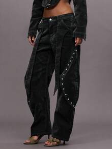 MUSERA 植绒桶形裤腿，弧形铆钉裤脚细节，中腰牛仔裤，适合秋冬季、夜间外出、街头风、可爱返校季、性感时尚、春夏穿着。 - 黑色 - 查看 3