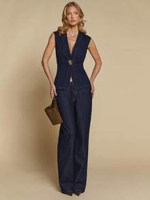 COSMINA Denim Women's Solid Color Minimalist Sleeveless Deep V Denim Blouse, Casual Everyday Wear - Medium Wash - View 3