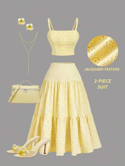 SHEIN MOD Plus Size Women's Cream Yellow Knitted Jacquard Maxi Dress 2-Piece Set, Boho Style Multi-Layered Ruffle Hem, Suitable For Dates, Holidays, Picnics, Beach Wear, Comfortable Clothing, Light Yellow/Valentine's Day, Yellow Skirt Set Butter Yellow Set Vacation Outfits Woman Skirt Set,Elegant  Summer Skirt Set.Yellow Eyelet Lace Two Piece Dress, Sleeveless Crop Top, Midi Skirt, Cotton Blend, Summer, Wedding Guest, Garden Party, Holiday, Elegant, Casual, Boho Style, Lightweight, Flowy, Feminine