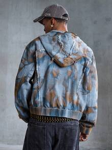 ROMWE MEN Street Life Áo khoác denim nam dáng rộng, in họa tiết nhuộm tie-dye cổ điển, kiểu dáng thường ngày, có mũ trùm đầu. - Màu Khaki - Xem 3
