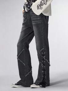 ROMWE MEN Street Life Quần jean ống đứng màu đen thắt nút cạp cao thời trang thường ngày đa năng cho nam - màu đen - Xem 5