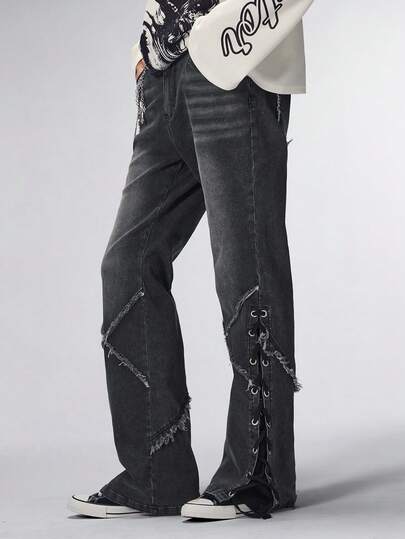 Street Life Men's High Waist Casual Fashion Versatile Tie-Up Black Straight Leg Jeans