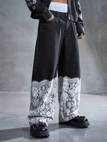 ROMWE MEN Street Life 男士拼接时尚休闲弯刀牛仔裤 - 黑色 - 查看 3