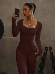 Dewbera Dewbera 2PCS Women's Black Autumn Athleisure Basic Gym Solid Color Round Neck Long Sleeve Jumpsuit,Seamless Workout Compression Legging Unitard Bodysuit - Multicolor - View 6