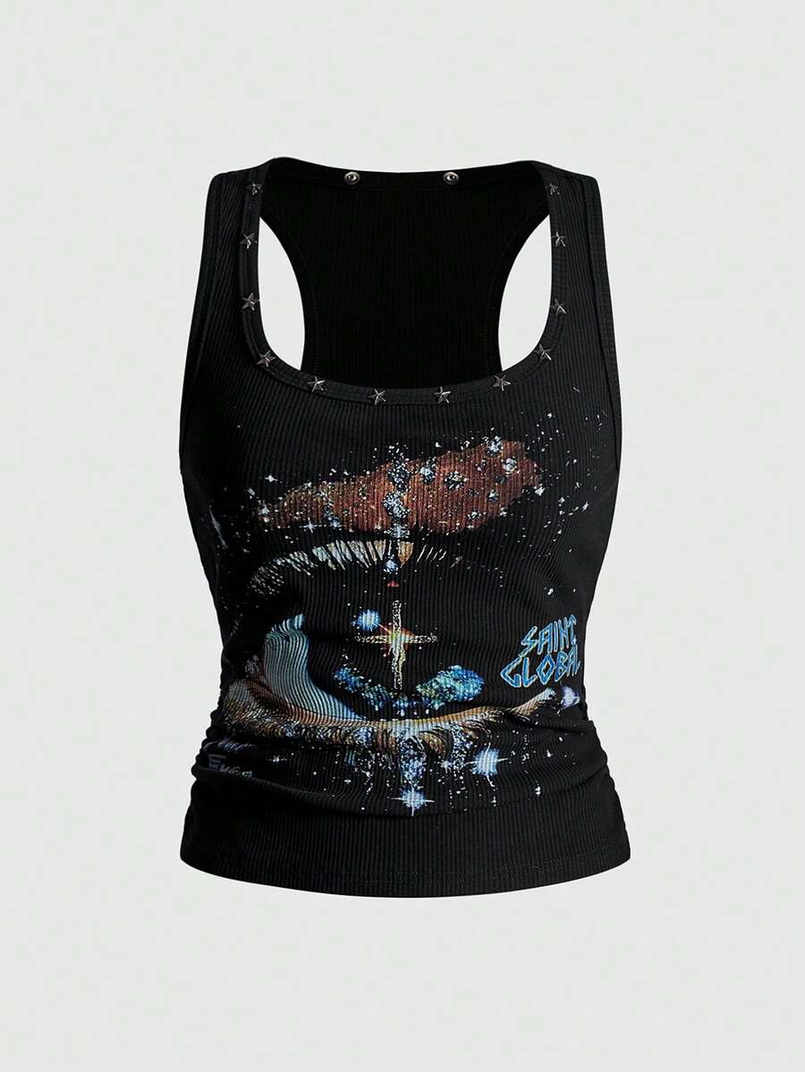 ROMWE Avant Spring / Summer Plus Size Women's Retro Baddie Unisex Streetwear Starry Sky & Star Rivet Print Tank Top - Black - View 1