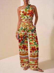 Zivah 春夏新款生日派对返校学生日常街头百搭休闲度假单肩扭结印花上衣搭配直筒宽松裤，荷叶边下摆带真口袋夏季女式两件套印花套装女式两件套夏季嘉年华服装 - 彩色 - 查看 3