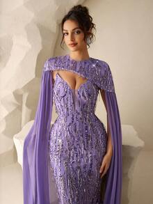 Coutiva A Luxurious And Elegant Full-Length Sequined Dress In Shiny Purple, With Spaghetti Straps, A Fitted Silhouette, A Zipper Closure And A Fishtail Hem, Along With A Large Sequined Chiffon Shawl. It Is Perfect For Parties, Weddings, Festivals And Spring. Luxury Dress Lilac Dress Elegant Gowns Glamorous Dress  Graduation Ceremony, School Opening, Music Festival, Birthday Party, Wedding, Afternoon Tea Gathering, Ball - Purple - View 8