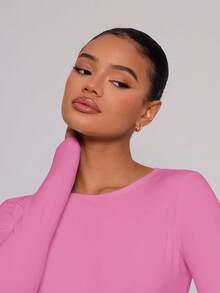 MUSERA Crew Neck Long Sleeve Bodysuit Fitted Casual Capsule Wardrobe Basic Everyday Business Office Work Back To School Winter White Lounge - Pink - View 5