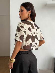 Coolane Áo thun crop top lưới in họa tiết bò sữa cổ điển - Đen và trắng - Xem 4