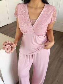 Dazy Plus 2pcs Contrast Lace Elastic Fitted Short Sleeve Top And Loose Straight Pants Pajama Set, Pink, Spring/Summer - Pink - View 5