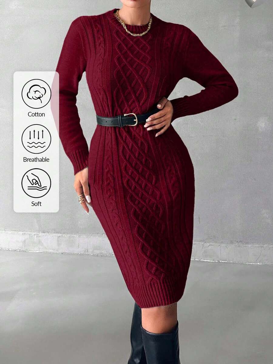 EURMUSE Women's Textured Round Neck Long Sleeve Fitted Knit Dress,Petite - Burgundy - View 1