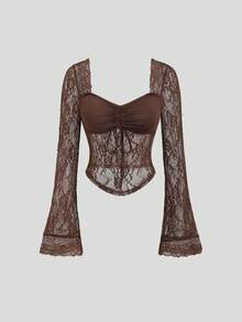 Sweetra Casual Lace Trim Sheer Drawstring Blouse, Sexy Street Style, Spring/Summer - Brown - View 1