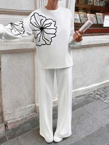 EURMUSE Women Floral Print Round Neck Drop Shoulder Long Sleeve Sweatshirt And Sweatpants Casual Set, Autumn/Winter - White - View 5
