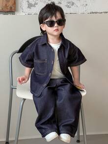 DAZY Bộ áo sơ mi cổ bẻ và quần jeans dáng rộng cho bé trai. - Rửa tối - Xem 6