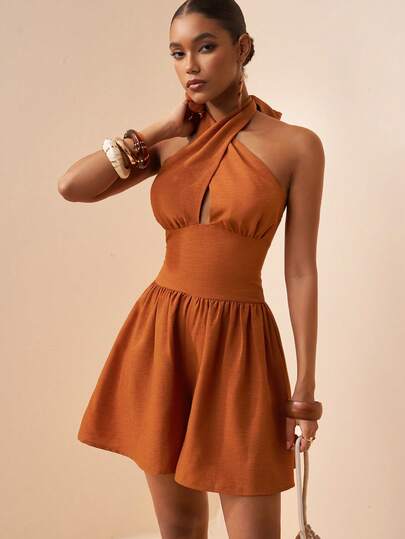 Zivah 2026 Spring/Summer New Music Festival, Easter, St. Patrick's Day, Valentine's Day, Date, Western, Nomadic, Birthday Party, Graduation, College, Student, Daily Casual, Basic Versatile, Leisure, Vacation, Cruise Travel, Beach, Sunbathing, Viral , Streetwear, Wedding Guest Boho, Commute, Brunch, Airport, Party, Holiday Outing, Office Wear, Halter Sleeveless Tie-Waist Jumpsuit Shorts With Pockets, Linen Brown Jumpsuit