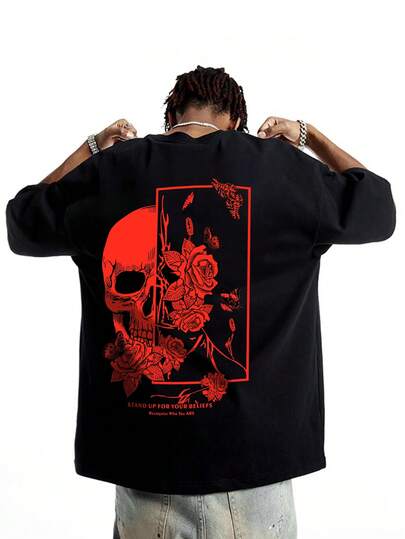 Goth T-shirt à manches courtes col rond imprimé crâne et floral, décontracté pour homme, été