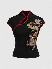 ROMWE Avant Blusa de estilo chino nuevo para mujer con bordado de dragón, patrón de pintura china y bordado, cheongsam mejorado - Negro - Ver 1