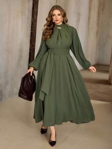 Roveilla 大码女装春秋冬法式浪漫西西里优雅休闲通勤度假下午茶派对纯色立领袖褶裥腰带松紧腰仿金属装饰长款连衣裙高领连衣裙女式橄榄绿连衣裙优雅长袖连衣裙橄榄绿连衣裙褶裥袖连衣裙腰带连衣裙长袖优雅连衣裙 - 軍綠色 - 查看 7