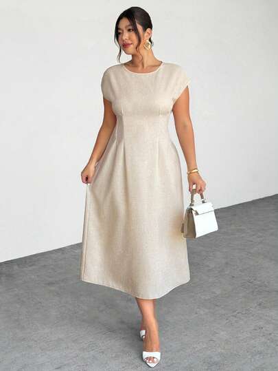 Firerie Plus Size Women's Elegant Casual Linen-Blend Sleeveless Midi Dress With Waist Pleats, Suitable For Daily, Commute, Holiday, Office Wear, Summer Dress, Business Casual, Fall Women Clothes, Office Outfits For Women, Office, Airport Outfit, Travel Outfit Airport, Going Out Outfits