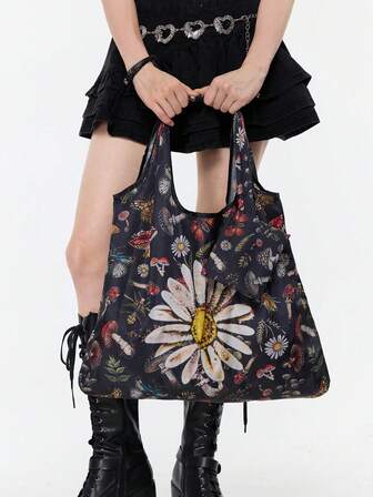 Fairycore Bolsa de compras plegable de gran capacidad con estampado de estrellas, bolso de mujer con estrellas huecas