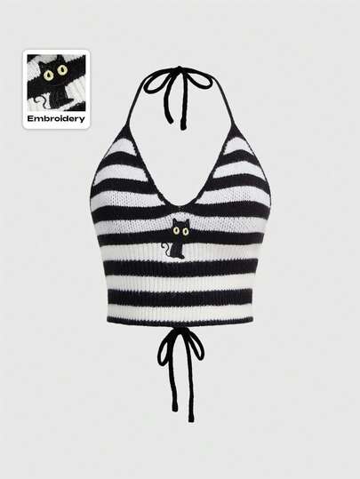 Kawaii Maglietta lavorata a maglia con collo a cravatta e ricamo di gatto nero carino