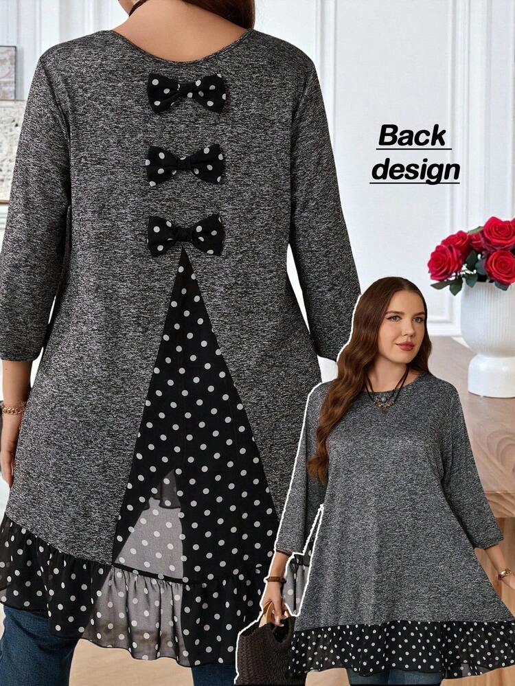 2026年新作 プラスサイズ女性用 秋/初春カジュアルファッション バケーション グレー ドット柄 パッチワーク Tシャツ リボン装飾 フリルヘム、バレンタインデー、外出、シンプルでファッショナブル、毎日着用、2025年新作 春 プラスサイズチュニック、女性用チュニック、グレートップス、グレーチュニック、女性用チュニックトップ、女性用バケーション、女性用ホリデー、春、バレンタインデー、バレンタイン、前短後長ヘム