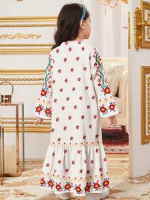 SHEIN 可爱花卉卡通印花休闲连衣裙，适合春夏穿着，可作祈祷长袍，舒适休闲，充满度假风情，端庄卡夫坦长袍，阿拉伯长袍，伊斯兰礼物，可爱穆斯林女孩阿拉伯长袍，舒适休闲，充满度假风情 - 白色 - 查看 2