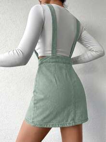 Women's Casual Commuting Fashion Street Collegiate Style Slant Pocket Single-Breasted Denim Pinafore Dress - Mint Green - View 2
