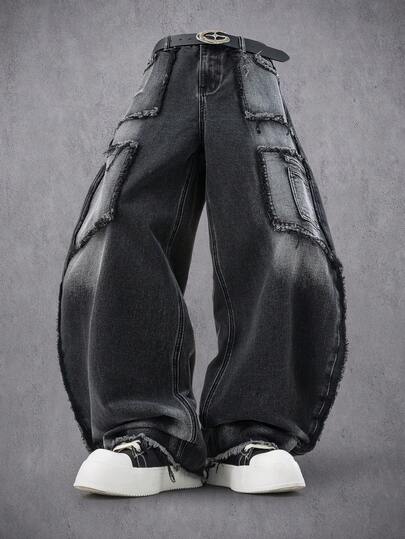 Manfinity Denimwave Casual Versatile Button Fly Wide Leg Men's Jeans Black Cargo Jeans