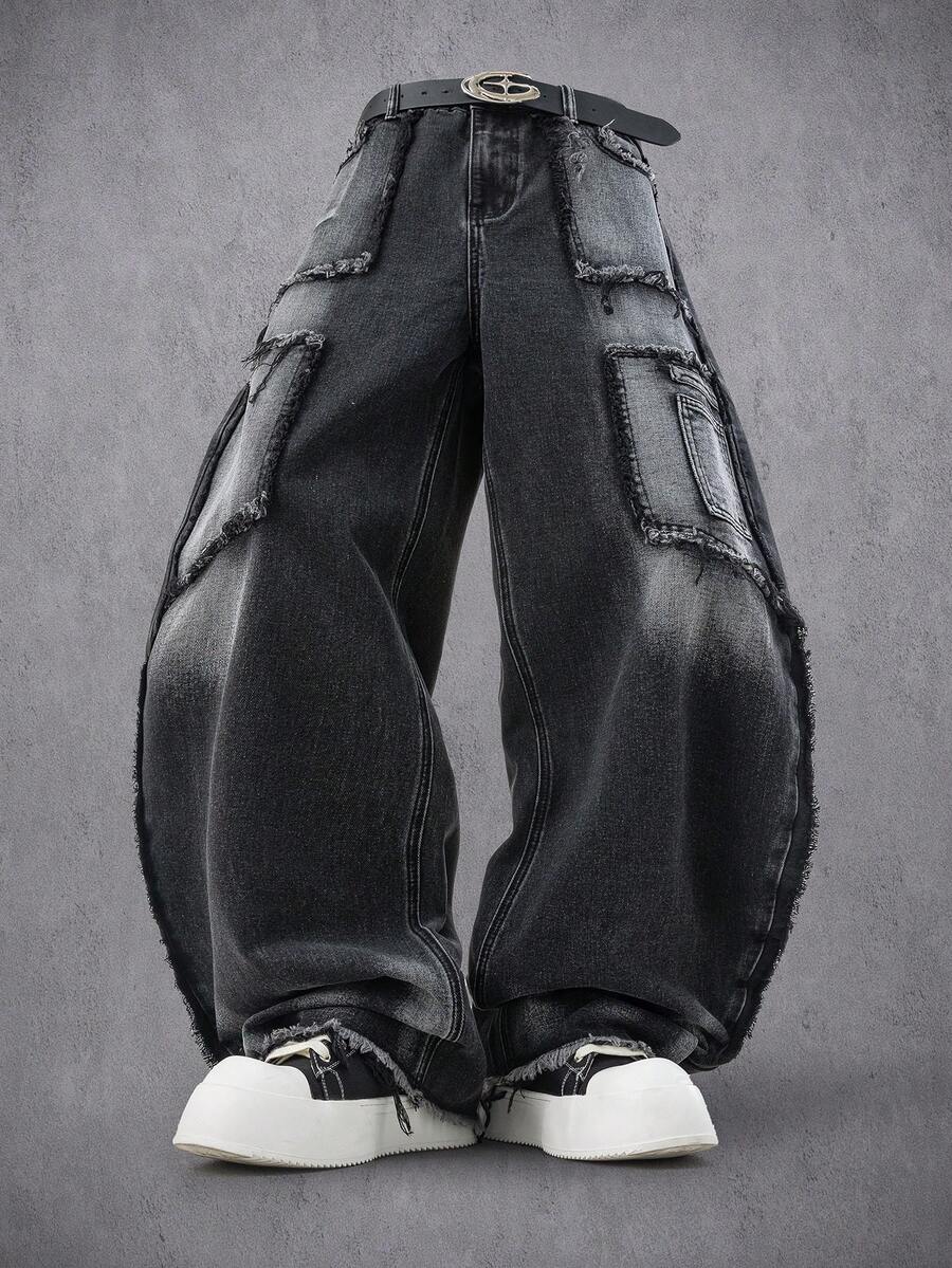 Manfinity Denimwave Casual Versatile Button Fly Wide Leg Men's Jeans Black Cargo Jeans - Black - View 1