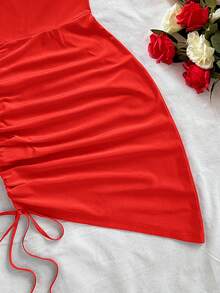 Soleia Women's Red Knitted V-Neck Fishbone Waist Ruched Asymmetric Hem Mini Slip Dress, Vacation - Red - View 5