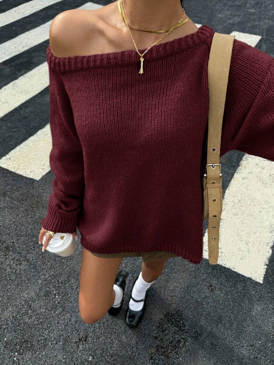 Muchica Casual Loose Solid Color Raglan Sleeve Sweater, Autumn/Winter,Off The Shoulder Sweater - Burgundy - View 1