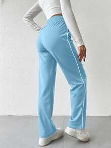 EURMUSE Women's Contrast Trim Drawstring Waist Casual Sweatpants - Baby Blue - View 2