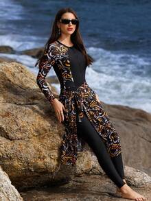 Swim Mulvari 3pcs Set: Long Sleeve Patchwork Swimsuit + Elastic Waist Pants + Mesh Cover-Up, Hot Selling Beach Vacation Outfit, Spring/Summer - Multicolor - View 5