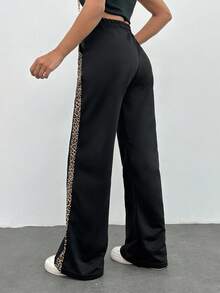 EURMUSE Leopard Trim Belly Detailed Long Wide Leg Black Pants - Black - View 2