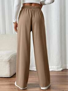 SHEIN PETITE CURVE Plus Size Women's Double Buckle Straight Leg Elegant Commuter Pants - Camel - View 2