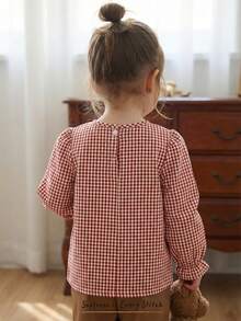 Cozy Pixies 女婴格子圆领荷叶边休闲日常长袖上衣 - 白色 - 查看 2