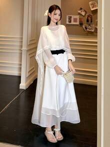 DAZY 女士休闲韩版蝴蝶结优雅派对生日仙女披肩两件套长裙吊带裙 - 白色 - 查看 4